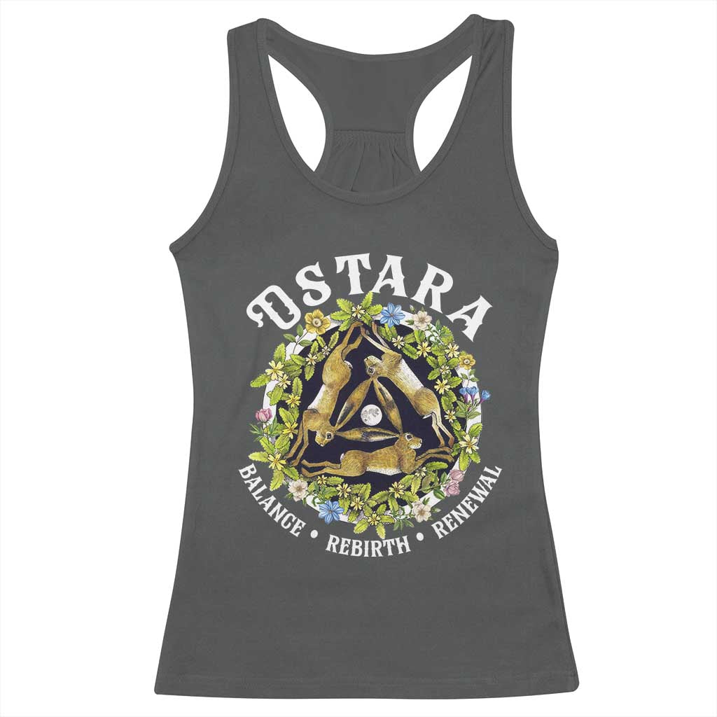 Ostara Balance Rebirth Renewal Racerback Tank Top Ostara Pagan Eostre Easter Day Three Hares TS11 Dark Heather Print Your Wear