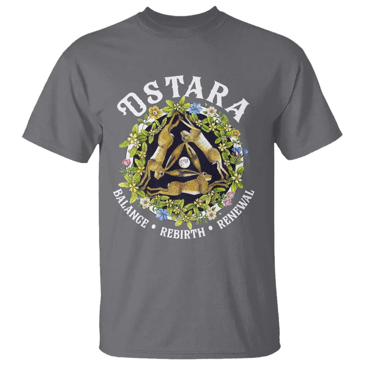 Ostara Balance Rebirth Renewal T Shirt Ostara Pagan Eostre Easter Day Three Hares TS11 Charcoal Print Your Wear