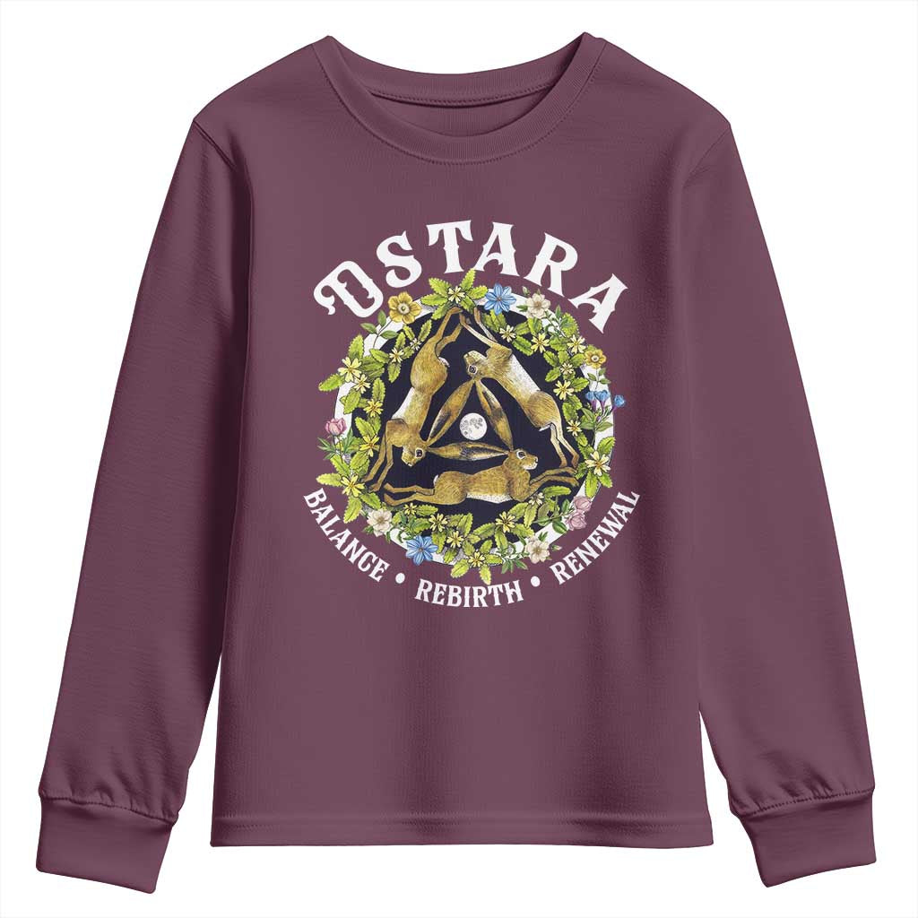 Ostara Balance Rebirth Renewal Youth Sweatshirt Ostara Pagan Eostre Easter Day Three Hares TS11 Maroon Print Your Wear