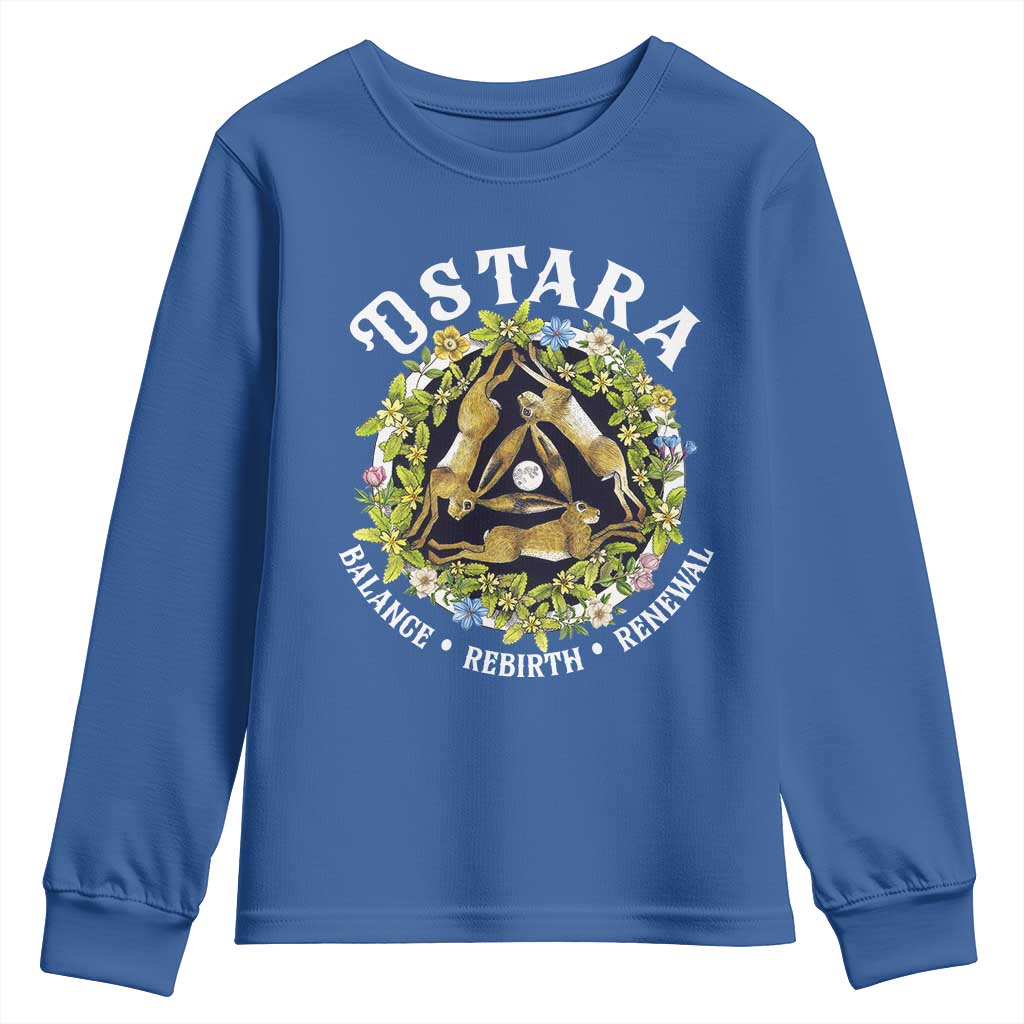 Ostara Balance Rebirth Renewal Youth Sweatshirt Ostara Pagan Eostre Easter Day Three Hares TS11 Royal Blue Print Your Wear