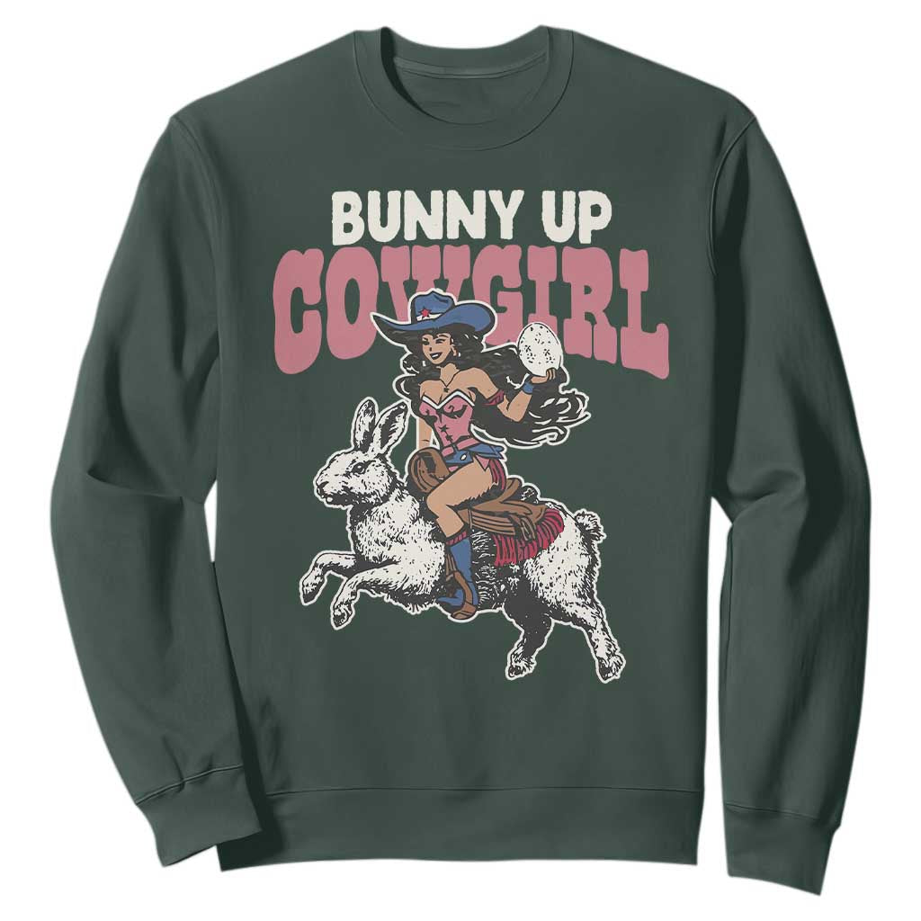 Funny Easter Day Western Sweatshirt Bunny Up Cowgirl Country Bunny TS11 Dark Forest Green Print Your Wear