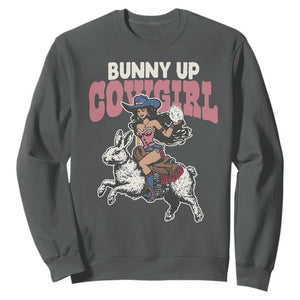 Funny Easter Day Western Sweatshirt Bunny Up Cowgirl Country Bunny TS11 Dark Heather Print Your Wear