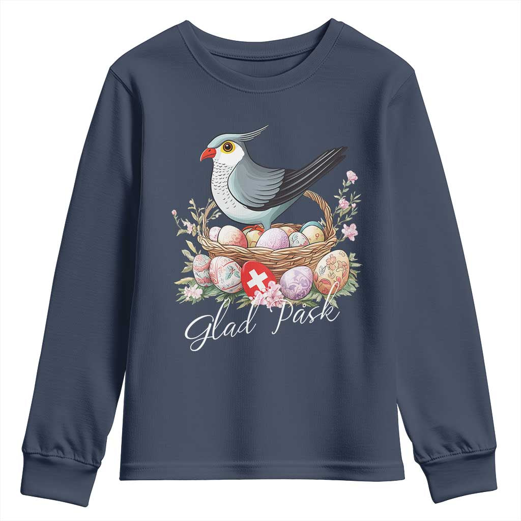 Funny Swedish Easter Day Youth Sweatshirt Glad Pask Easter Eggs Cuckoo Bird TS11 Navy Print Your Wear