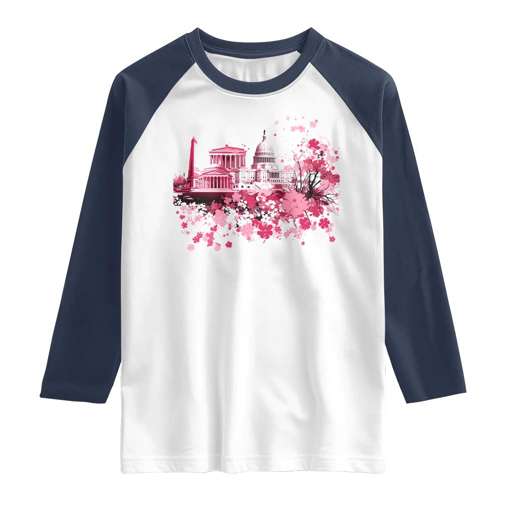 Washington DC Cherry Blossoms Raglan Shirt Capitol Building Monuments Memorials Sakura TS11 White Navy Print Your Wear