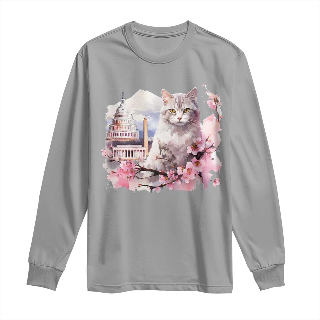 Washington DC Cat Cherry Blossoms Long Sleeve Shirt Capitol Building Monuments Memorials Sakura TS11 Sport Gray Print Your Wear