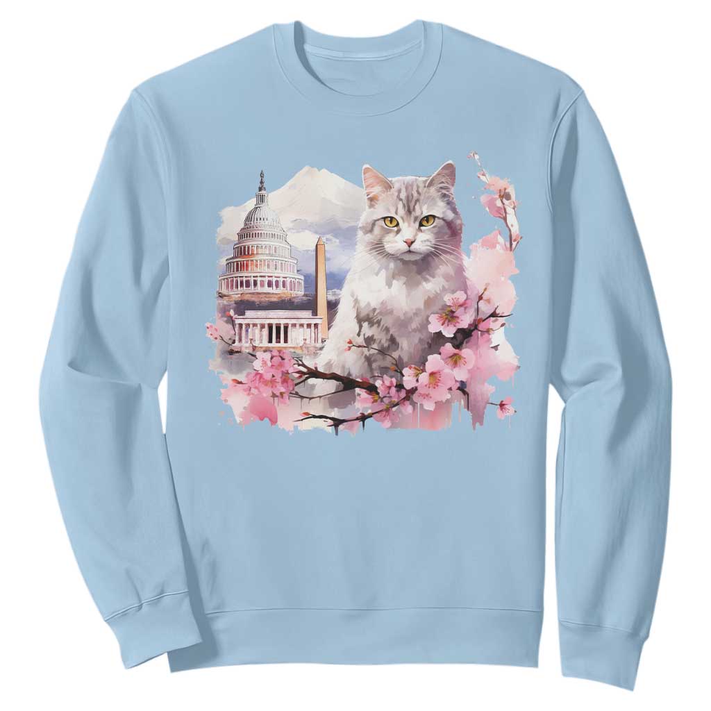 Washington DC Cat Cherry Blossoms Sweatshirt Capitol Building Monuments Memorials Sakura TS11 Light Blue Print Your Wear