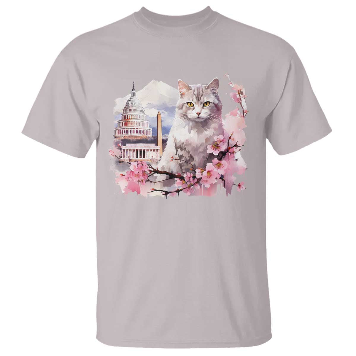 Washington DC Cat Cherry Blossoms T Shirt Capitol Building Monuments Memorials Sakura TS11 Ice Gray Print Your Wear