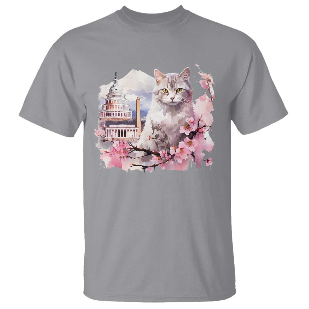Washington DC Cat Cherry Blossoms T Shirt Capitol Building Monuments Memorials Sakura TS11 Sport Gray Print Your Wear