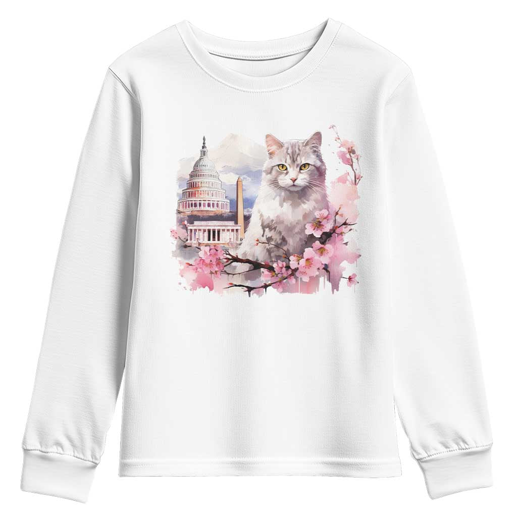 Washington DC Cat Cherry Blossoms Youth Sweatshirt Capitol Building Monuments Memorials Sakura TS11 White Print Your Wear