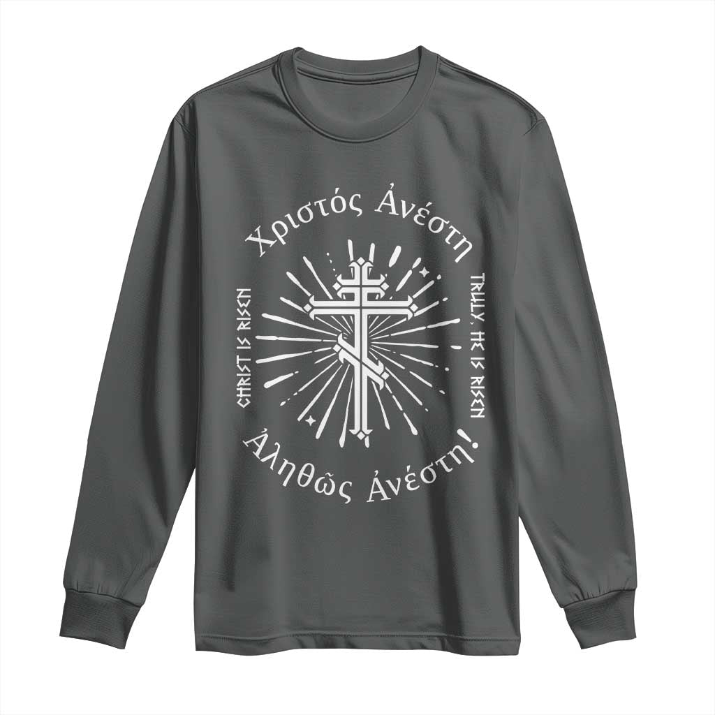 Orthodox Easter Christian Long Sleeve Shirt Christ Is Risen Truly He Is Risen Orthodox Cross TS11 Dark Heather Print Your Wear