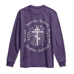Orthodox Easter Christian Long Sleeve Shirt Christ Is Risen Truly He Is Risen Orthodox Cross TS11 Purple Print Your Wear