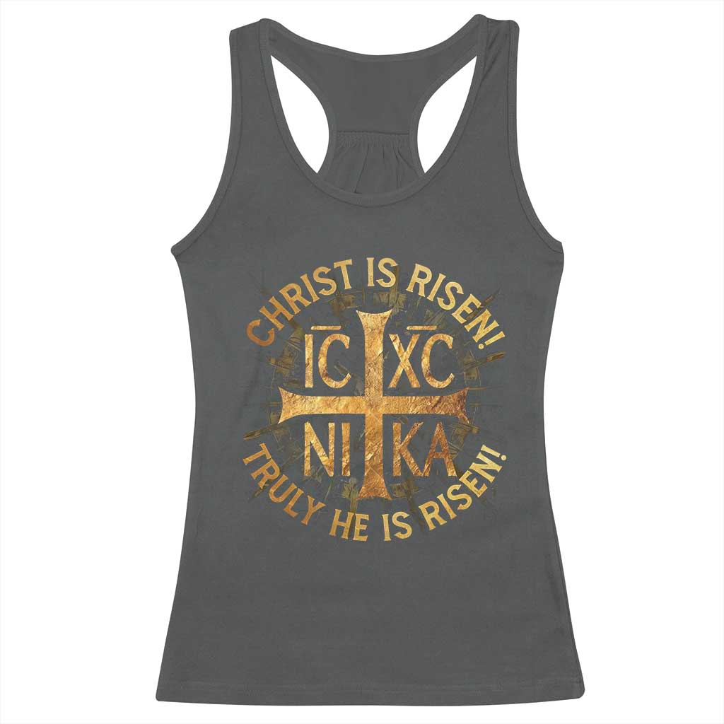 Orthodox Easter Christian Racerback Tank Top Christ Is Risen He Is Risen Greek NIKA Cross TS11 Dark Heather Print Your Wear