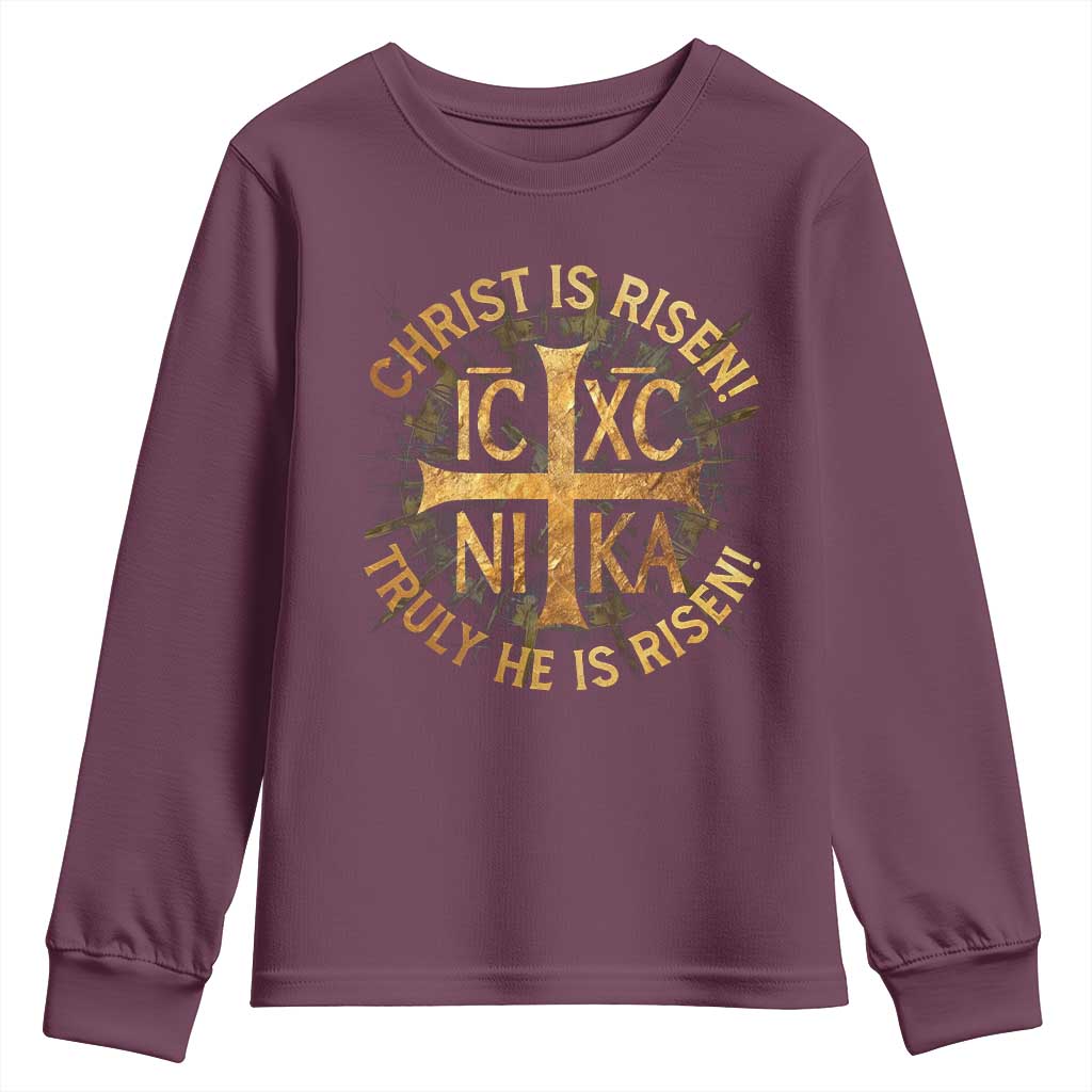 Orthodox Easter Christian Youth Sweatshirt Christ Is Risen He Is Risen Greek NIKA Cross TS11 Maroon Print Your Wear