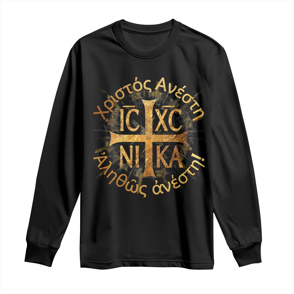 Orthodox Easter Christian Long Sleeve Shirt Christ Is Risen Truly He Is Risen NIKA Cross TS11 Black Print Your Wear