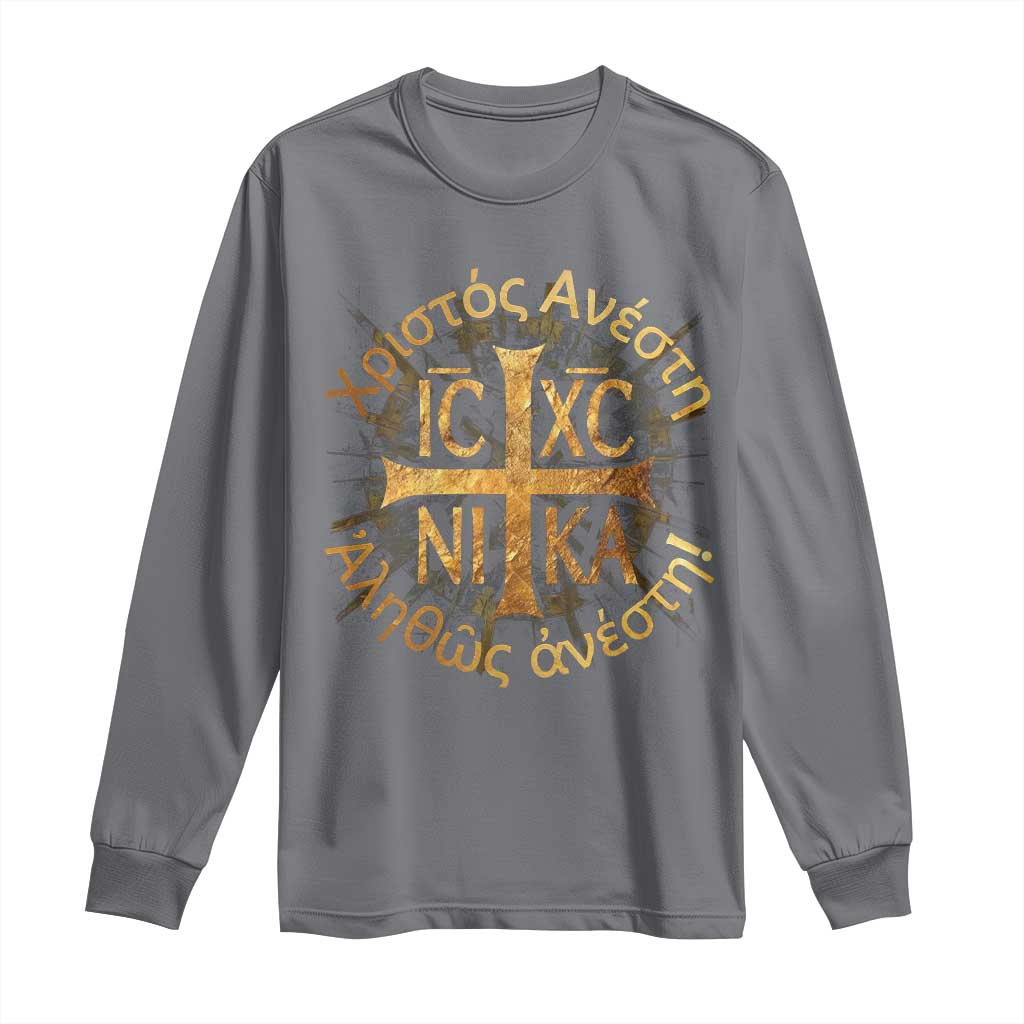 Orthodox Easter Christian Long Sleeve Shirt Christ Is Risen Truly He Is Risen NIKA Cross TS11 Charcoal Print Your Wear