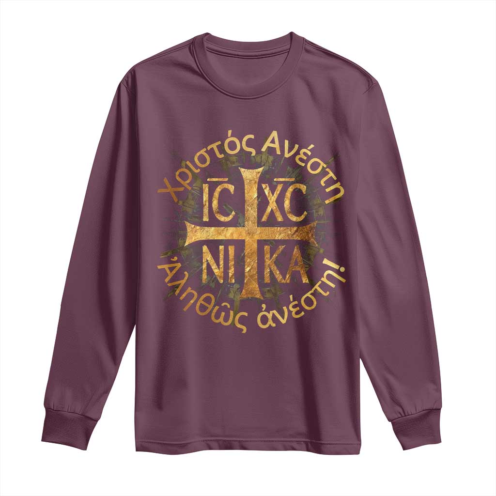 Orthodox Easter Christian Long Sleeve Shirt Christ Is Risen Truly He Is Risen NIKA Cross TS11 Maroon Print Your Wear