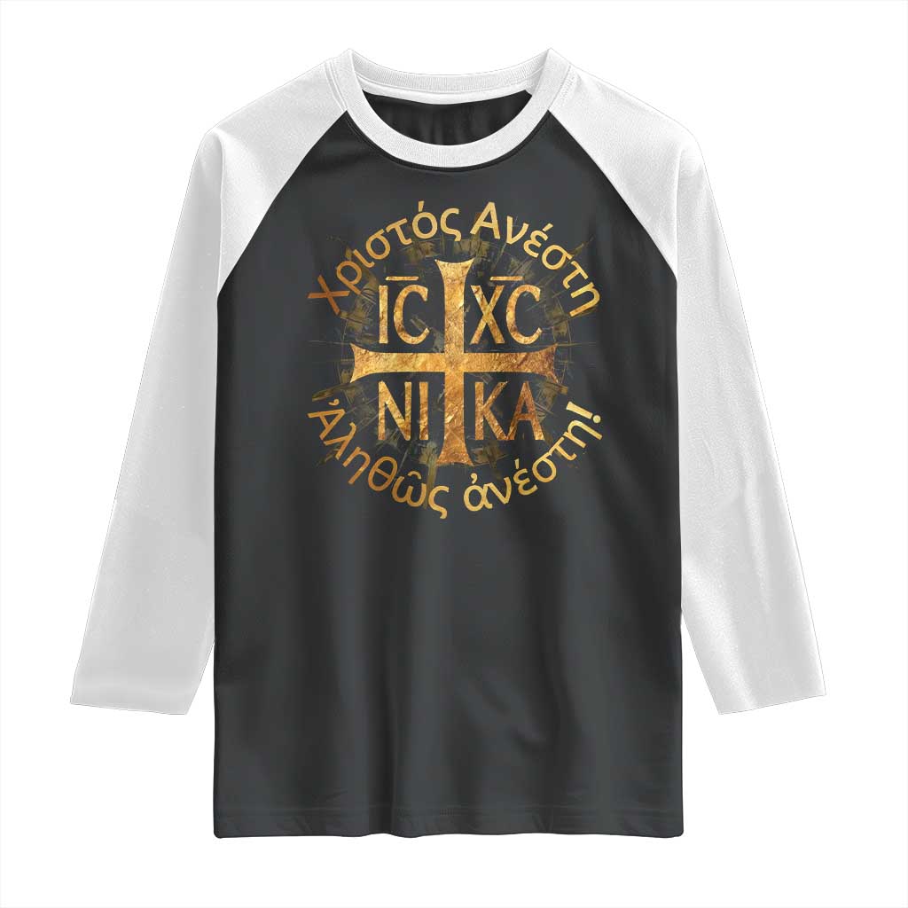 Orthodox Easter Christian Raglan Shirt Christ Is Risen Truly He Is Risen NIKA Cross TS11 Black White Print Your Wear