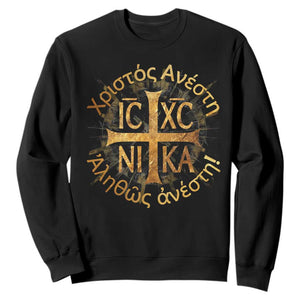 Orthodox Easter Christian Sweatshirt Christ Is Risen Truly He Is Risen NIKA Cross TS11 Black Print Your Wear