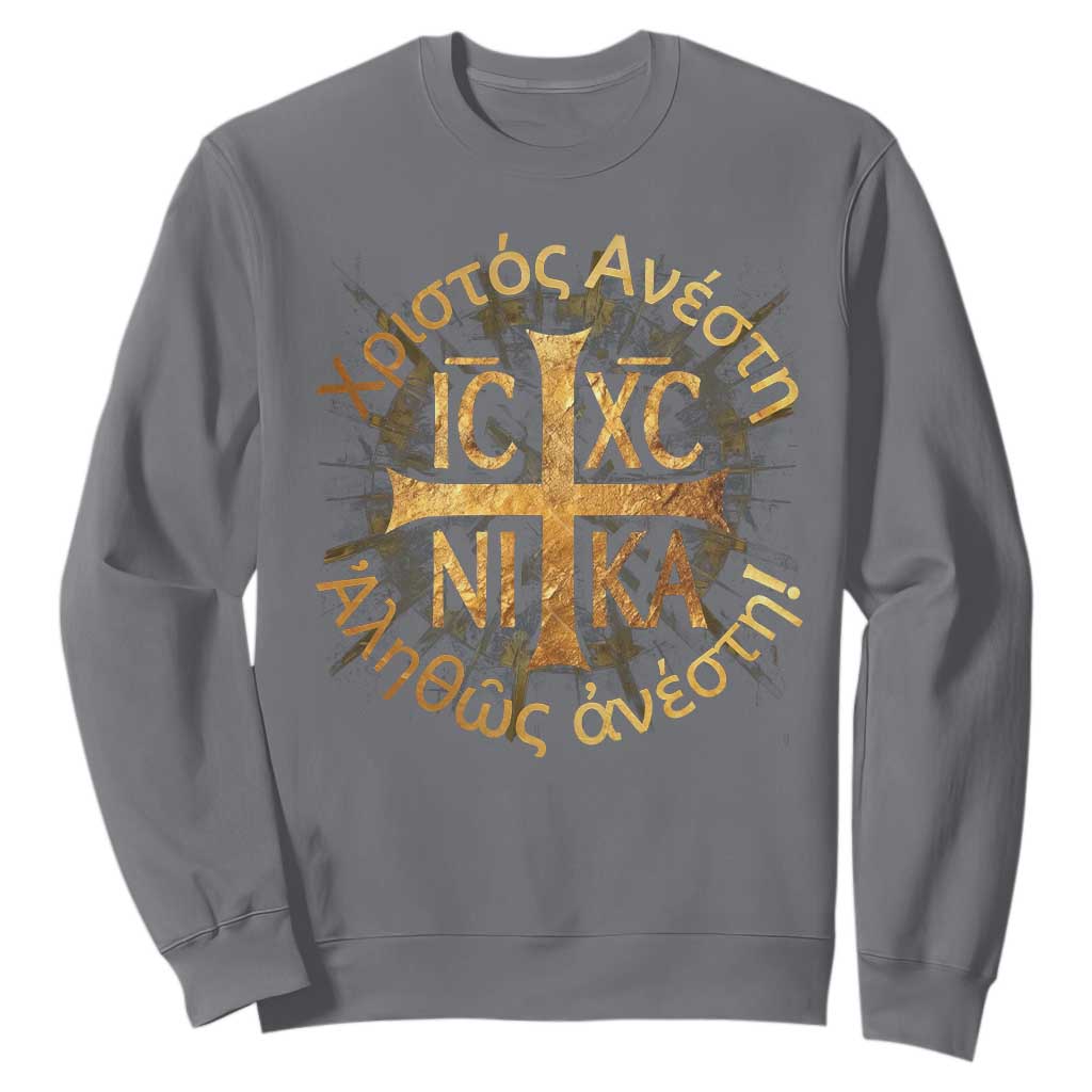 Orthodox Easter Christian Sweatshirt Christ Is Risen Truly He Is Risen NIKA Cross TS11 Charcoal Print Your Wear