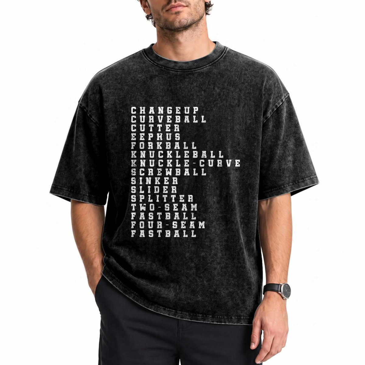 Baseball Pitch Types Washed Cotton T-Shirt Terminology Changeup Curveball Cutter Eephus