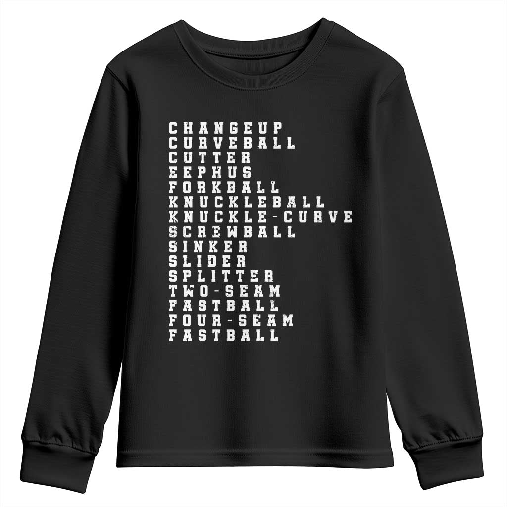 Baseball Pitch Types Youth Sweatshirt Terminology Changeup Curveball Cutter Eephus