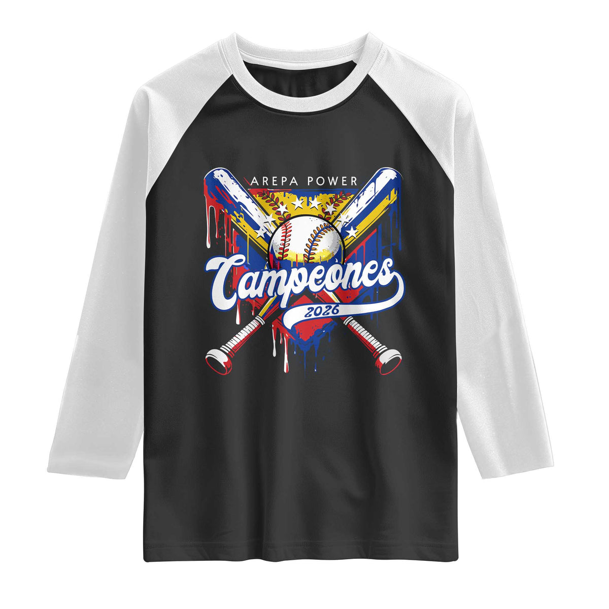 Venezuela Campeones Baseball Championship 2026 Raglan Shirt Home Plate Drip TS11 Black White Print Your Wear