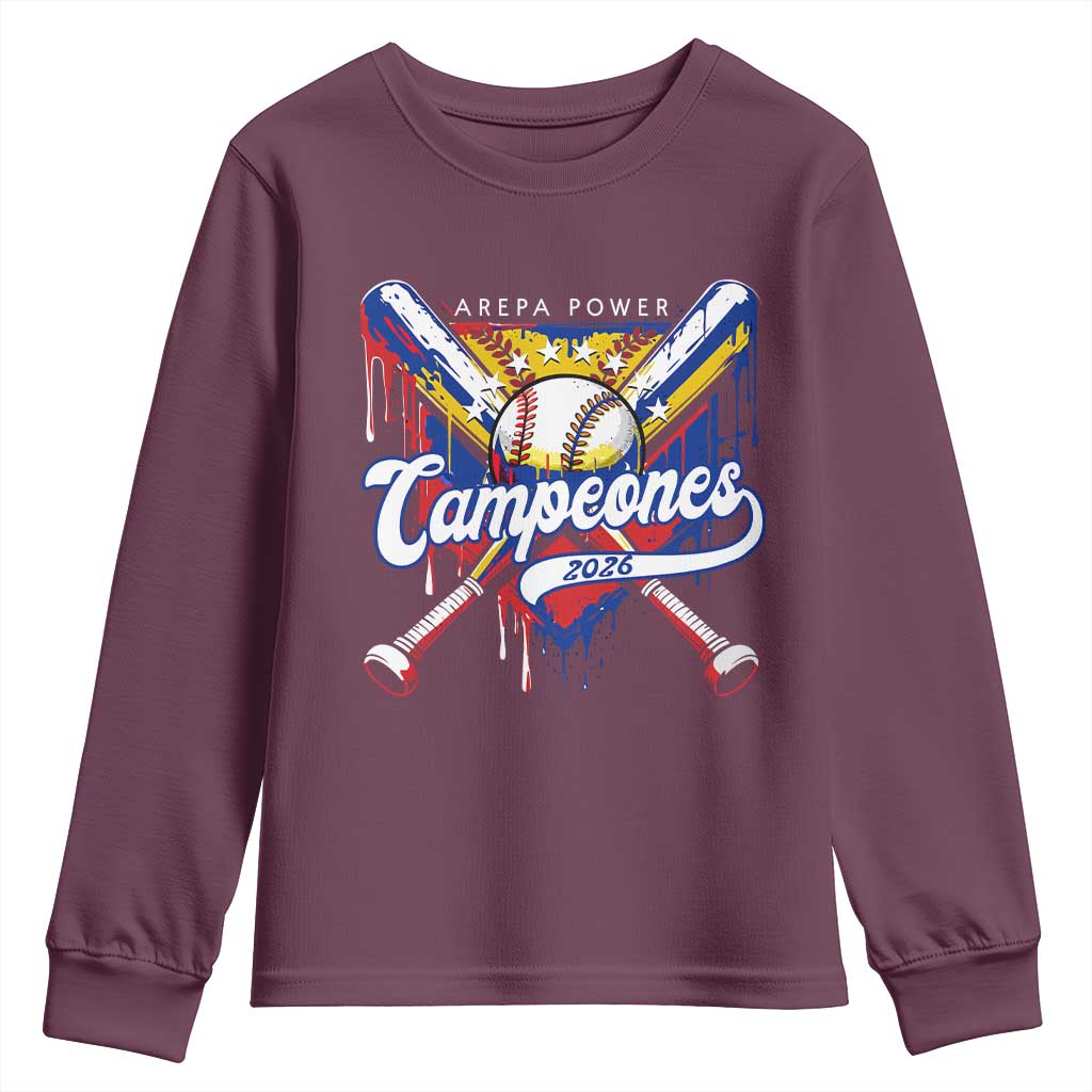 Venezuela Campeones Baseball Championship 2026 Youth Sweatshirt Home Plate Drip TS11 Maroon Print Your Wear