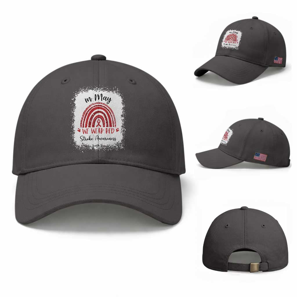 In May We Wear Red Stroke Awareness Baseball Cap Bleach Effect TS11 Baseball Cap Universal Fit Dark Gray Print Your Wear