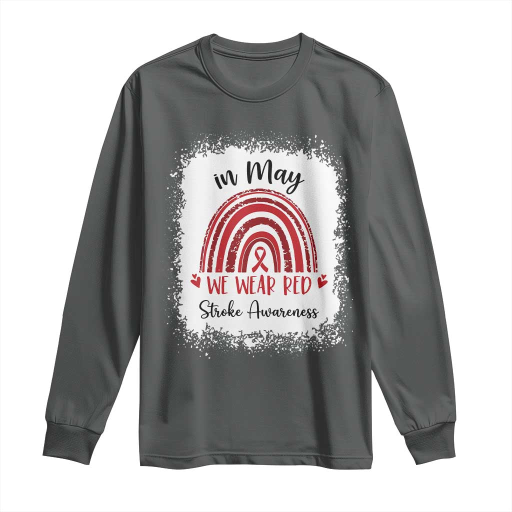 In May We Wear Red Stroke Awareness Long Sleeve Shirt Bleach Effect TS11 Dark Heather Print Your Wear