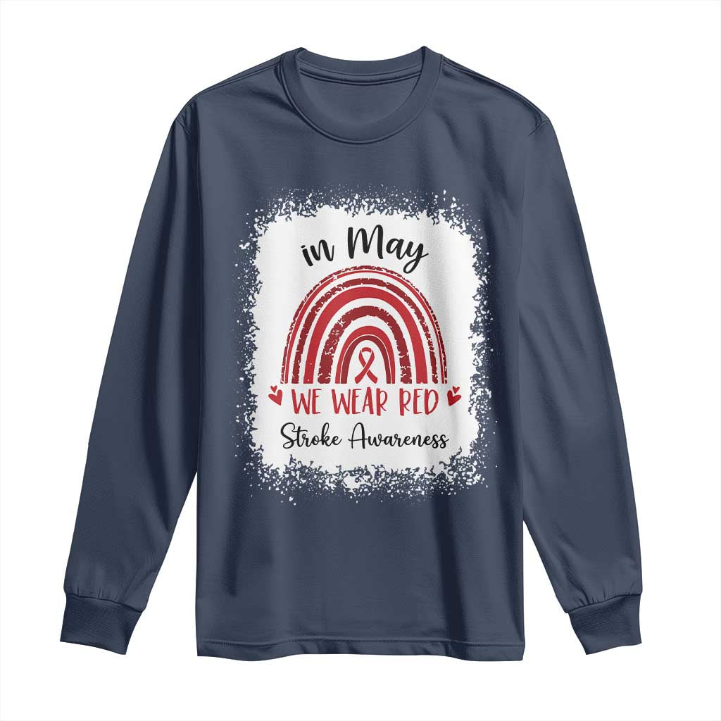 In May We Wear Red Stroke Awareness Long Sleeve Shirt Bleach Effect TS11 Navy Print Your Wear