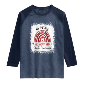In May We Wear Red Stroke Awareness Raglan Shirt Bleach Effect TS11 Heather Denim Navy Print Your Wear