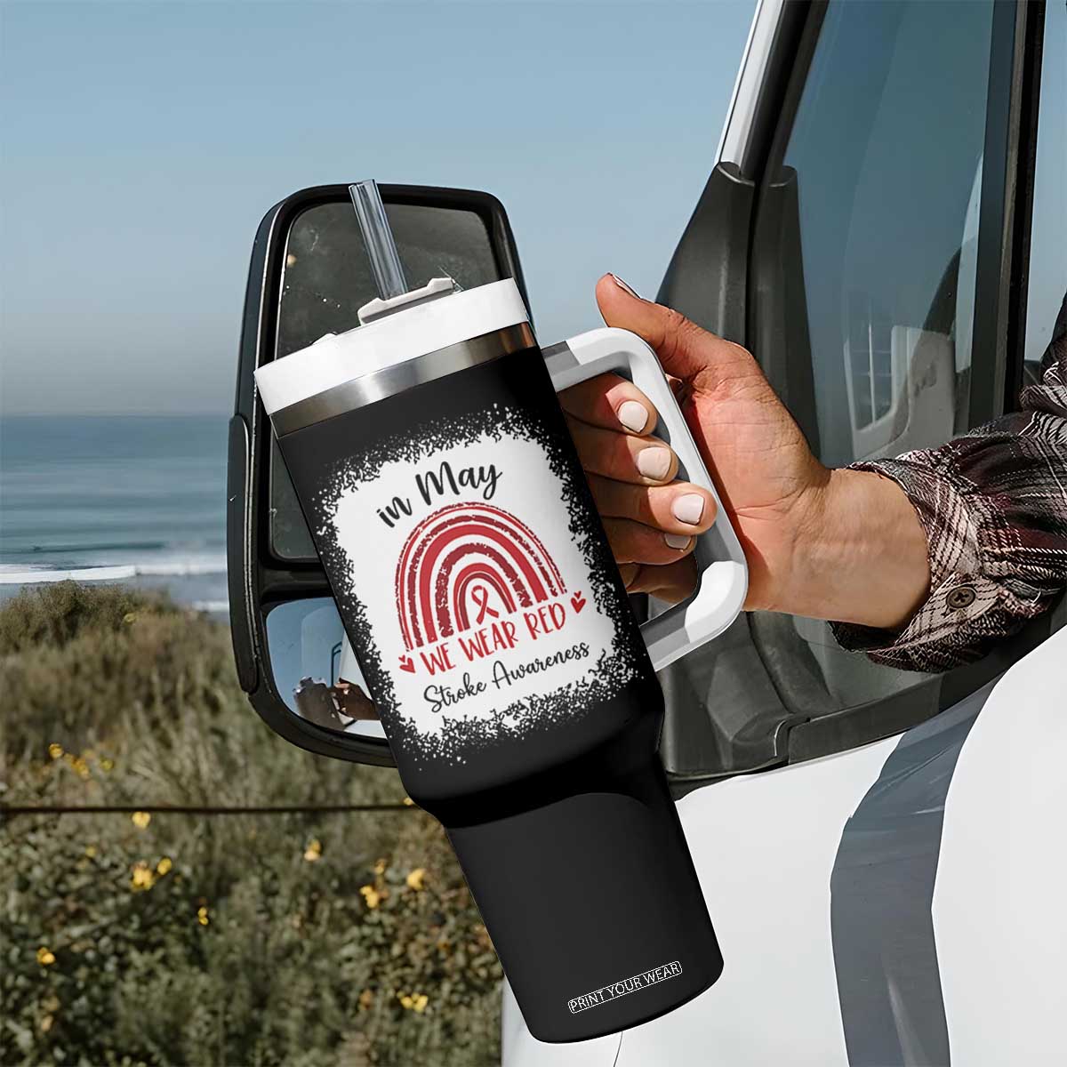 In May We Wear Red Stroke Awareness Tumbler With Handle Bleach Effect TS11 Print Your Wear
