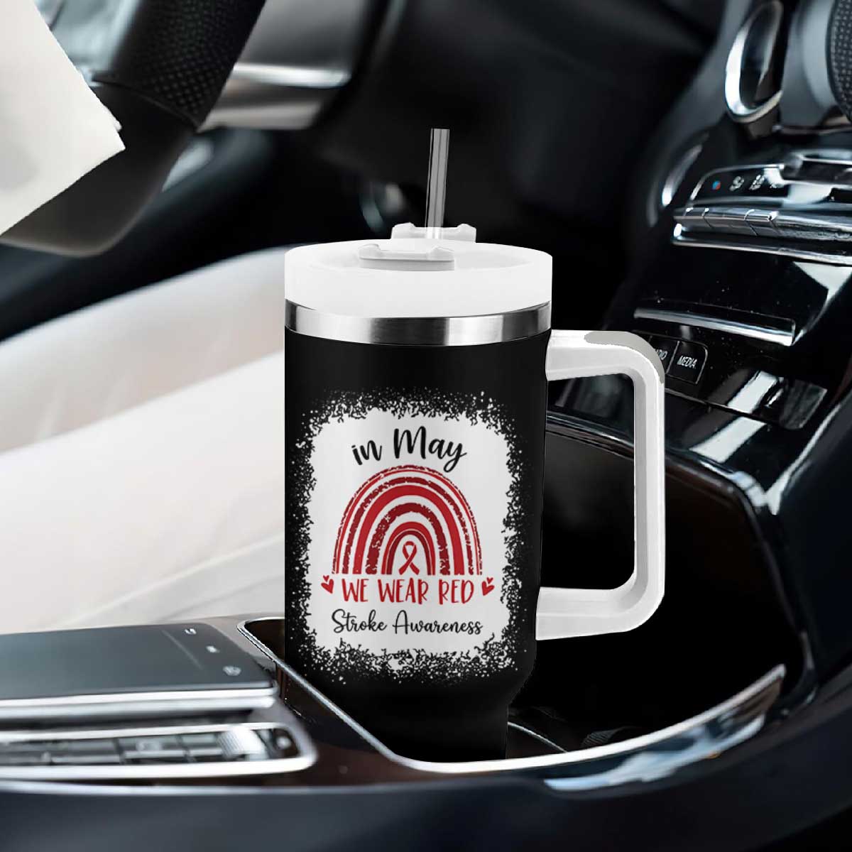 In May We Wear Red Stroke Awareness Tumbler With Handle Bleach Effect TS11 Print Your Wear