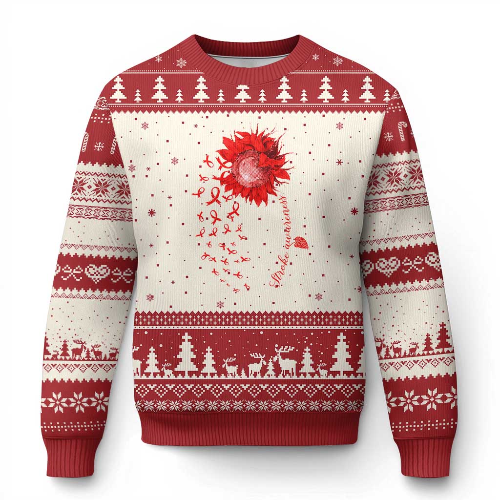 Sunflower Stroke Awareness Red Ribbon Ugly Christmas Sweater TS11 Beige Red Print Your Wear