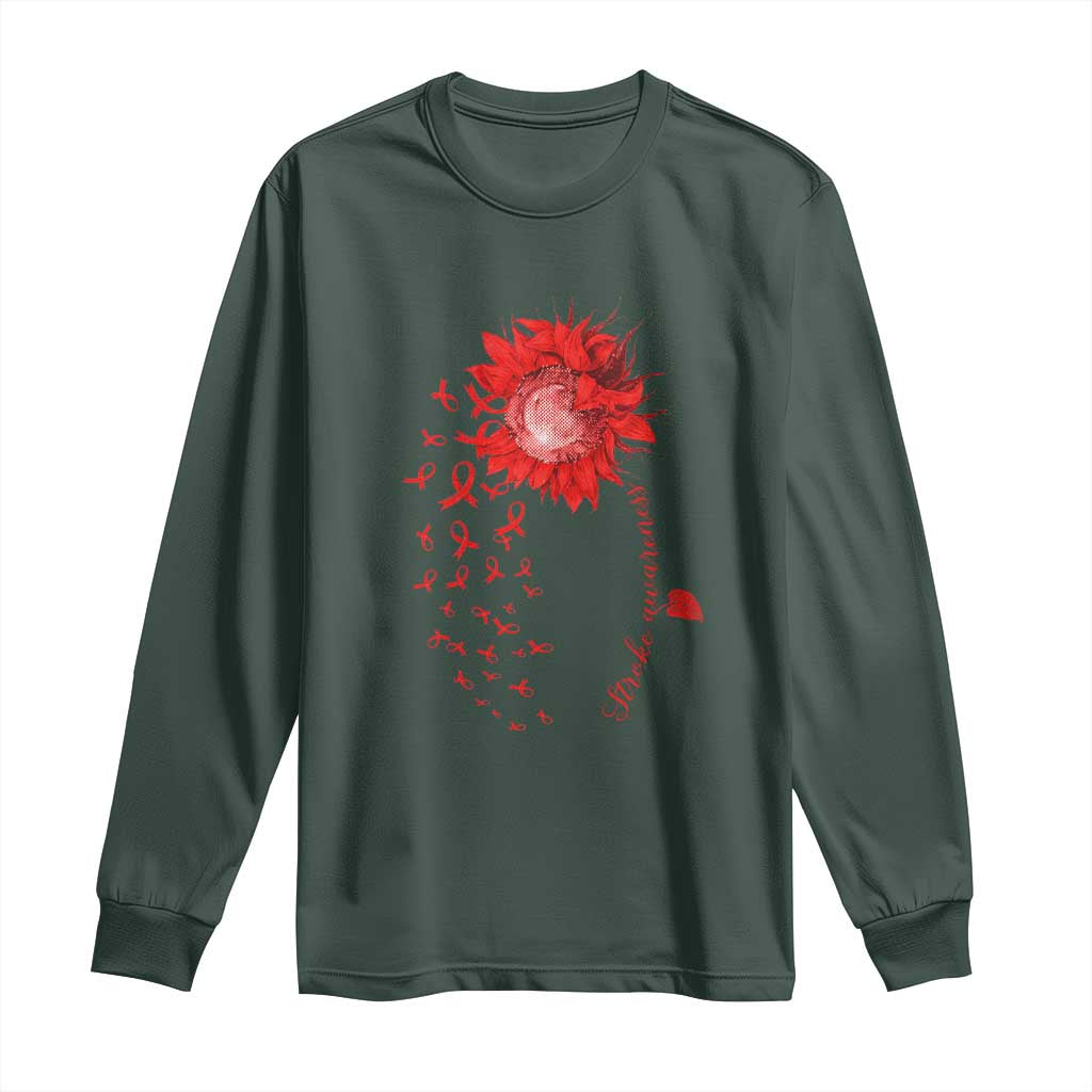 Sunflower Stroke Awareness Red Ribbon Long Sleeve Shirt TS11 Dark Forest Green Print Your Wear