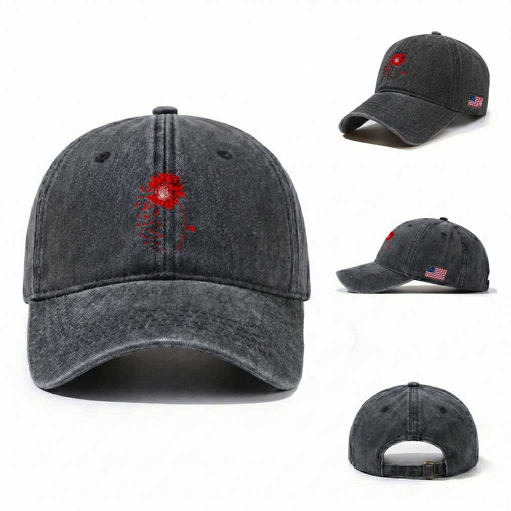 Sunflower Stroke Awareness Red Ribbon Washed Cotton Baseball Cap TS11 Washed Cap Universal Fit Dark Gray Print Your Wear