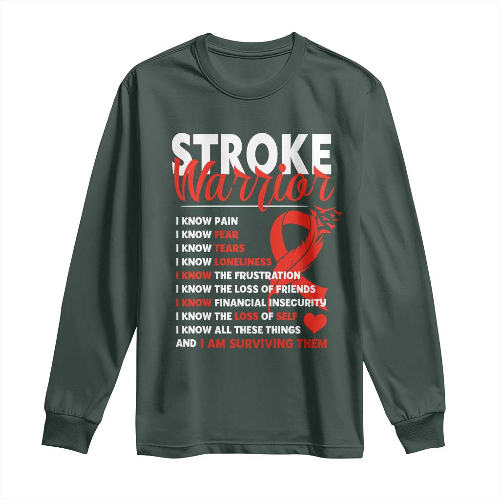 Stroke Warrior Long Sleeve Shirt I Know Pain Fear Feather Red Ribbon TS11 Dark Forest Green Print Your Wear