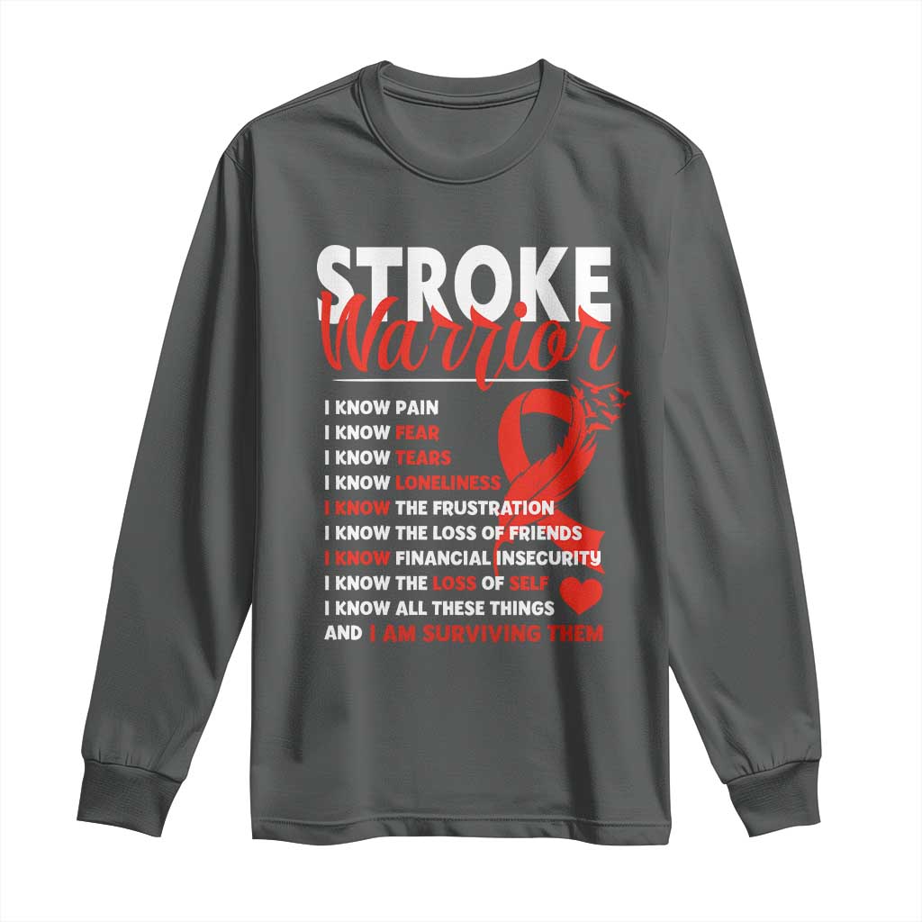 Stroke Warrior Long Sleeve Shirt I Know Pain Fear Feather Red Ribbon TS11 Dark Heather Print Your Wear