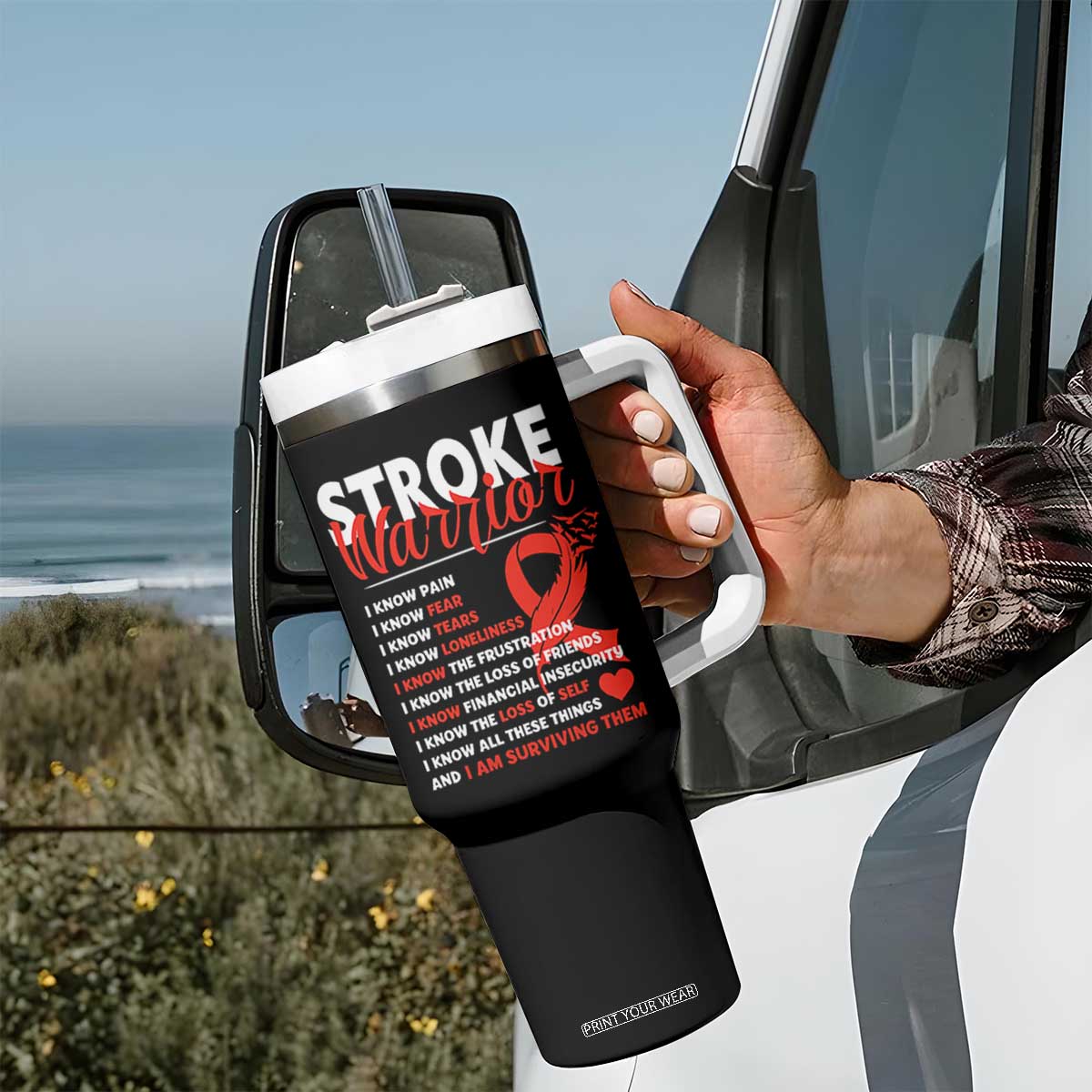 Stroke Warrior Tumbler With Handle I Know Pain Fear Feather Red Ribbon TS11 Print Your Wear
