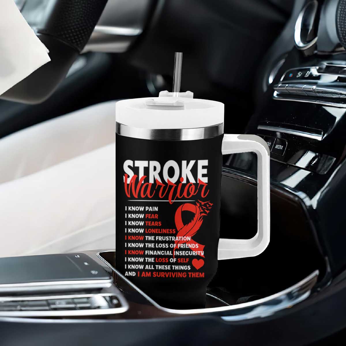 Stroke Warrior Tumbler With Handle I Know Pain Fear Feather Red Ribbon TS11 Print Your Wear