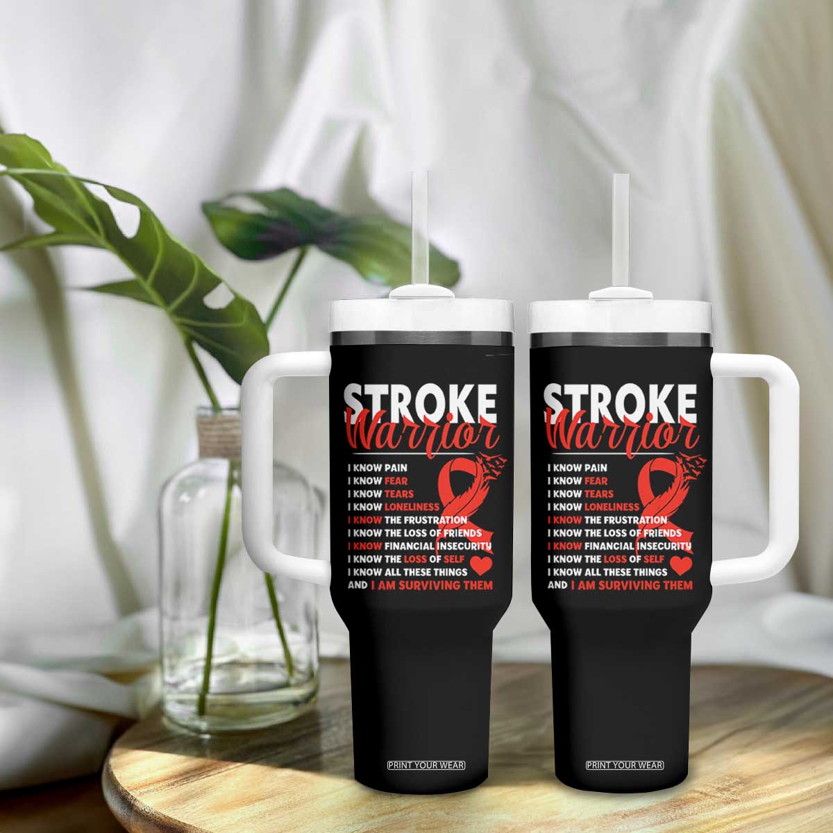 Stroke Warrior Tumbler With Handle I Know Pain Fear Feather Red Ribbon TS11 Print Your Wear