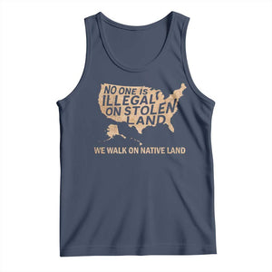No One Is Illegal On Stolen Land Tank Top We Walk On Native Land Vintage American Map TS11 Navy Print Your Wear
