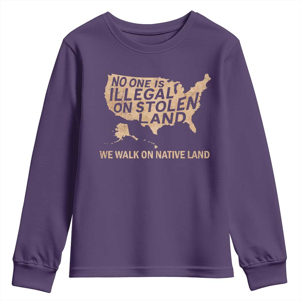 No One Is Illegal On Stolen Land Youth Sweatshirt We Walk On Native Land Vintage American Map TS11 Purple Print Your Wear