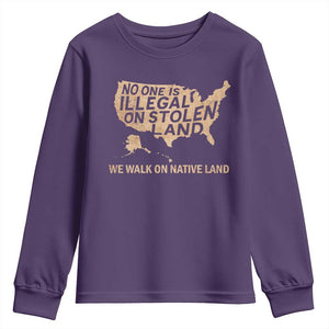 No One Is Illegal On Stolen Land Youth Sweatshirt We Walk On Native Land Vintage American Map TS11 Purple Print Your Wear
