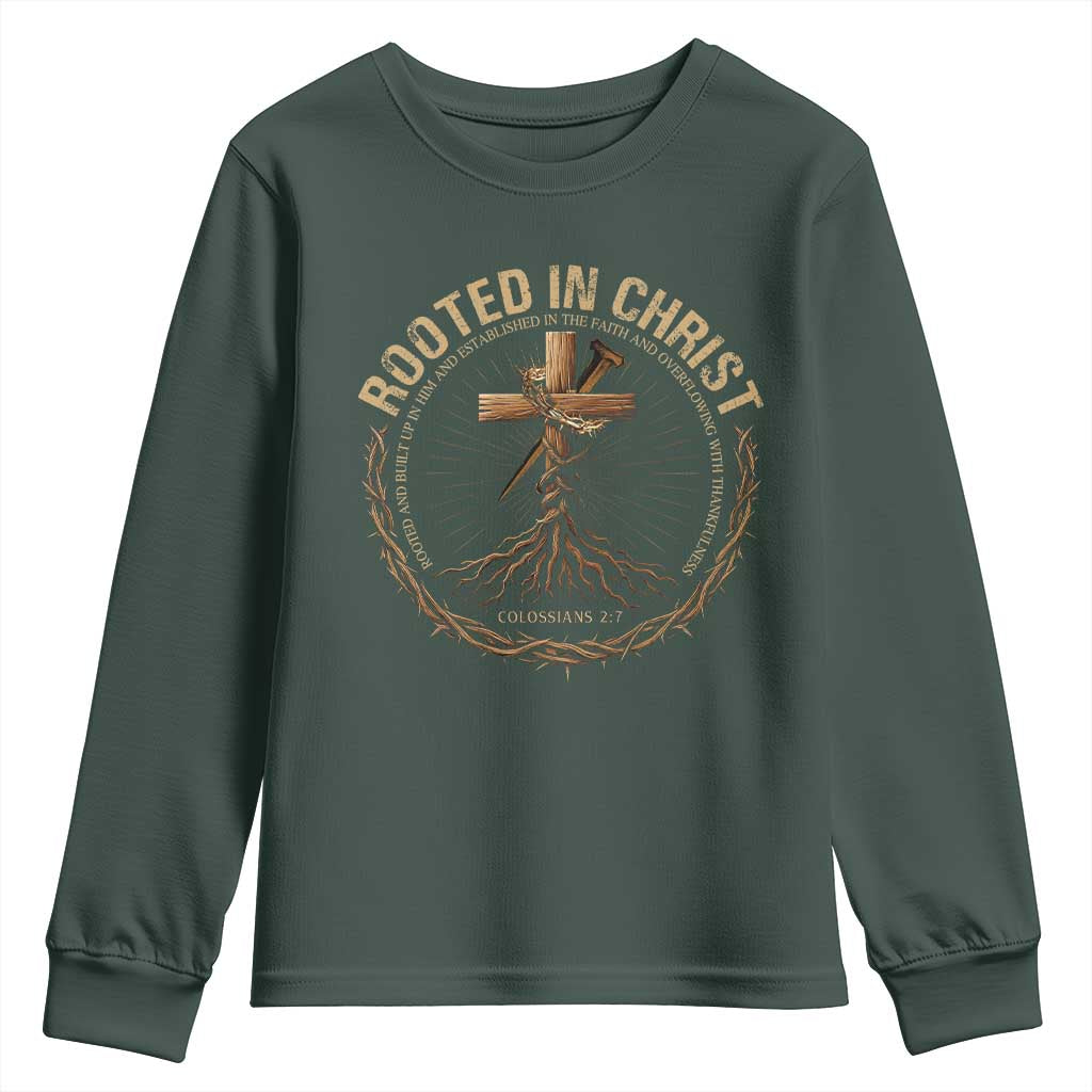 Rooted In Christ Youth Sweatshirt Jesus Christian Cross Bible Verse TS11 Dark Forest Green Print Your Wear