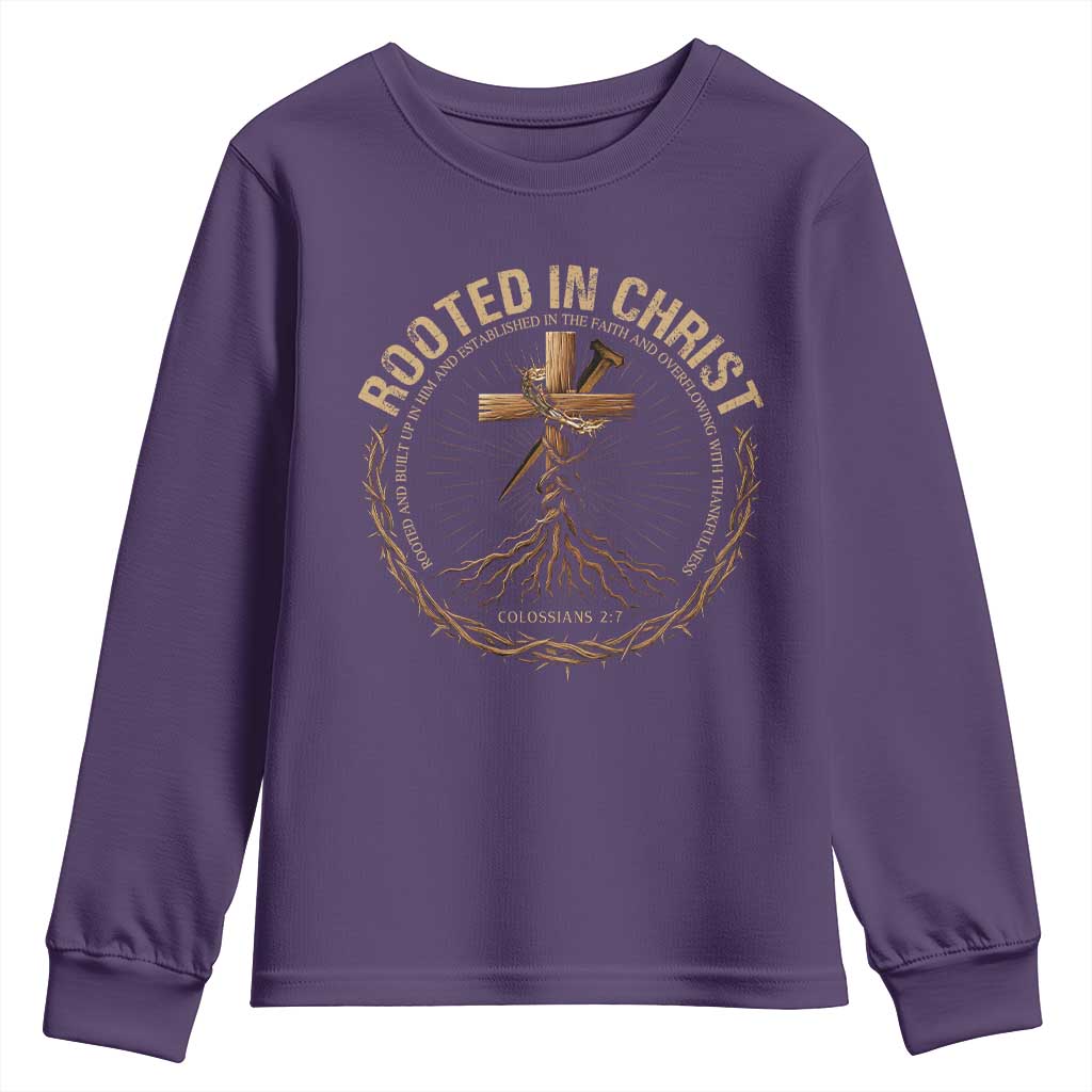 Rooted In Christ Youth Sweatshirt Jesus Christian Cross Bible Verse TS11 Purple Print Your Wear