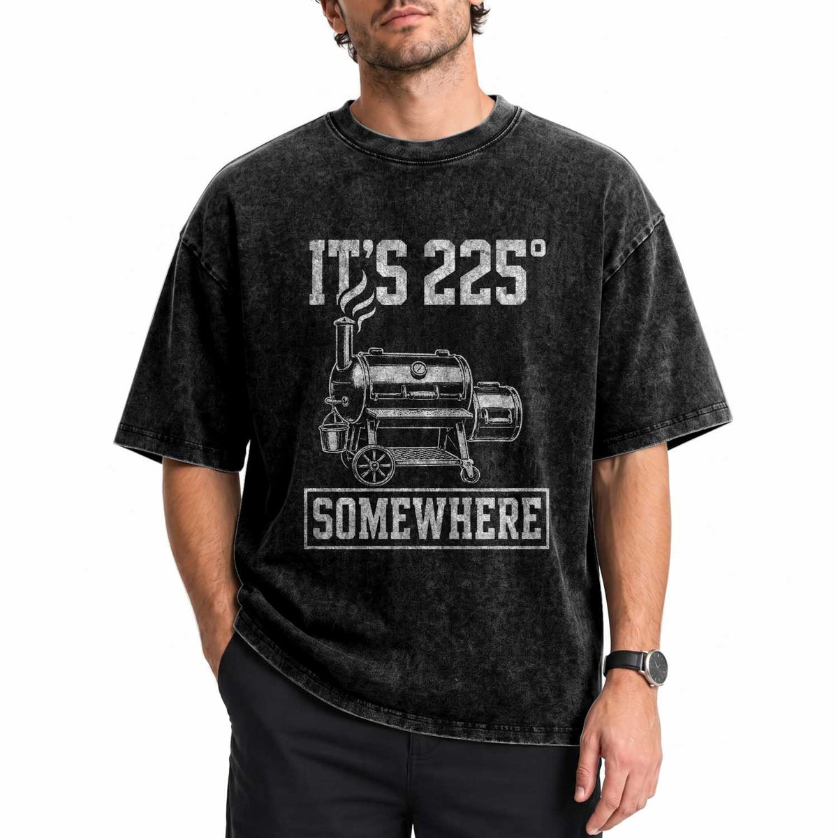 It Is 225 Somewhere Funny BBQ Smoker Grill Washed Cotton T-Shirt