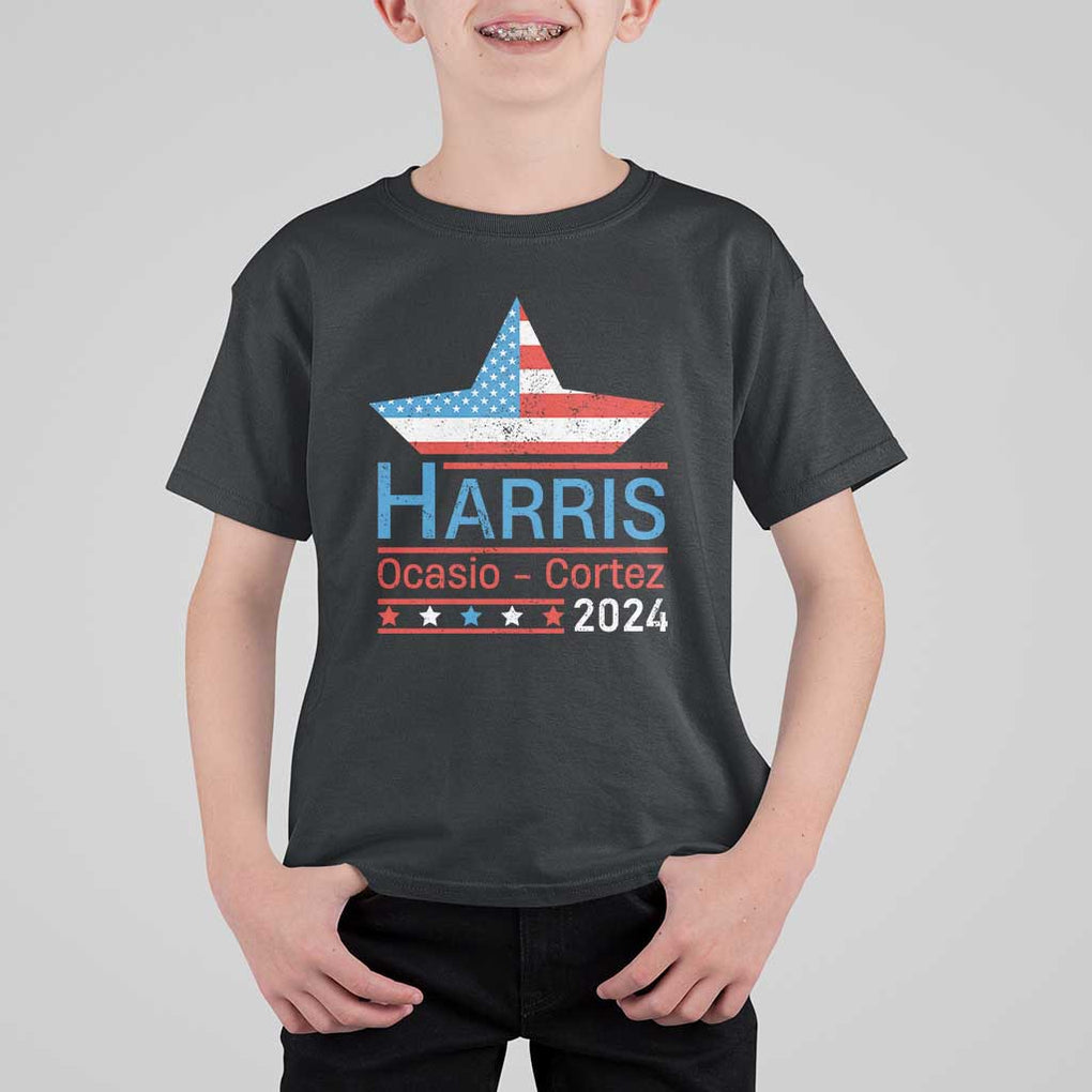 Harris Ocasio Cortez 2024 T Shirt For Kid American Flag Election Star TS11 Black Print Your Wear