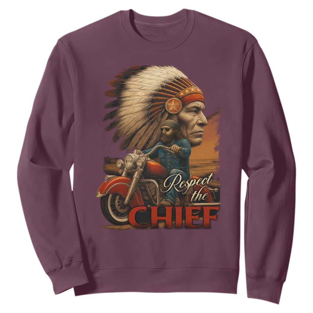 Indian American Rider Sweatshirt Respect The Native Chief Native American Motorcycle TS11 Maroon Print Your Wear