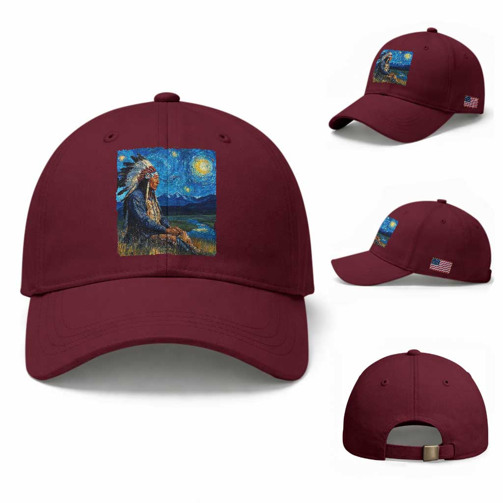 Native American Indian Van Goghs Starry Night Baseball Cap TS11 Baseball Cap Universal Fit Maroon Print Your Wear